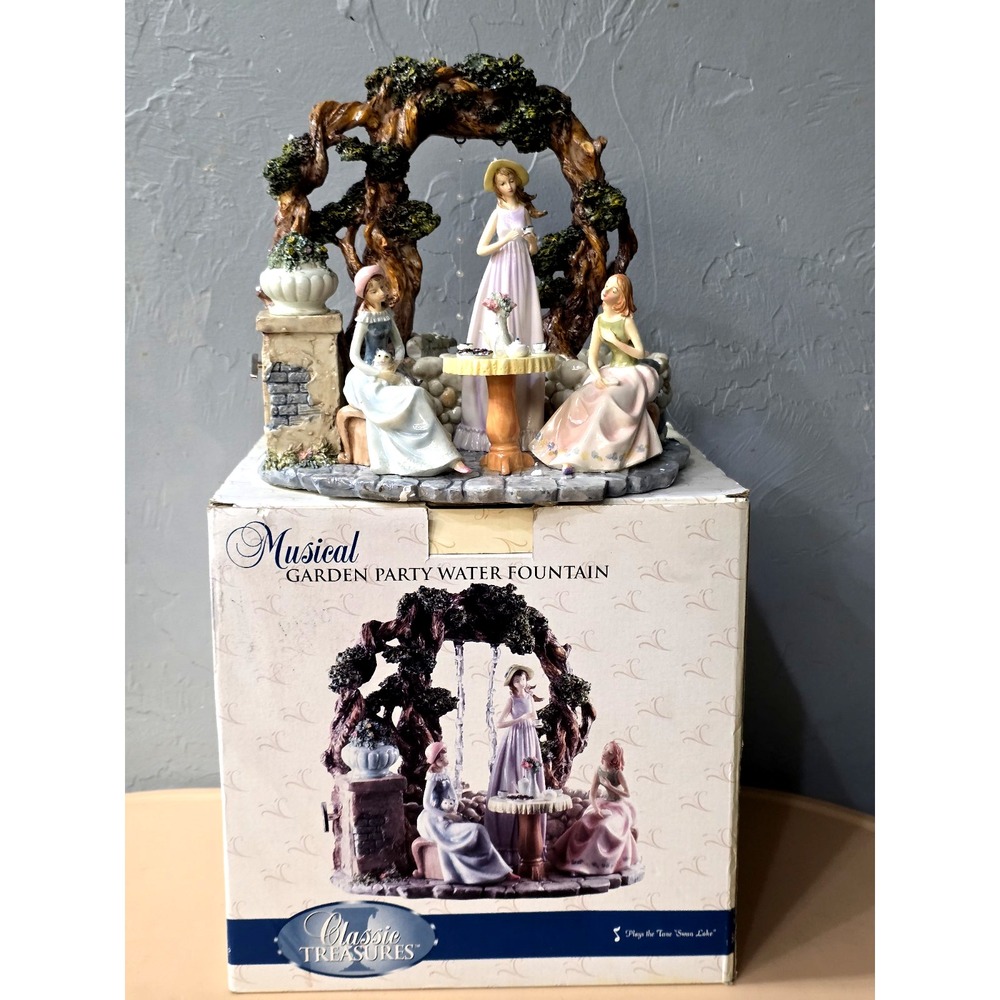 Garden Tea Party Water feature Figurines Music Box plays Swan Lake‎